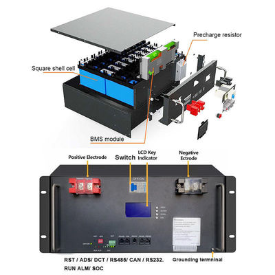 แบตเตอรี่ลิตียม 200ah BMS สําหรับระบบพลังงานแสงอาทิตย์ เซลล์พริสมาติกแบบชาร์จใหม่ 51.2V